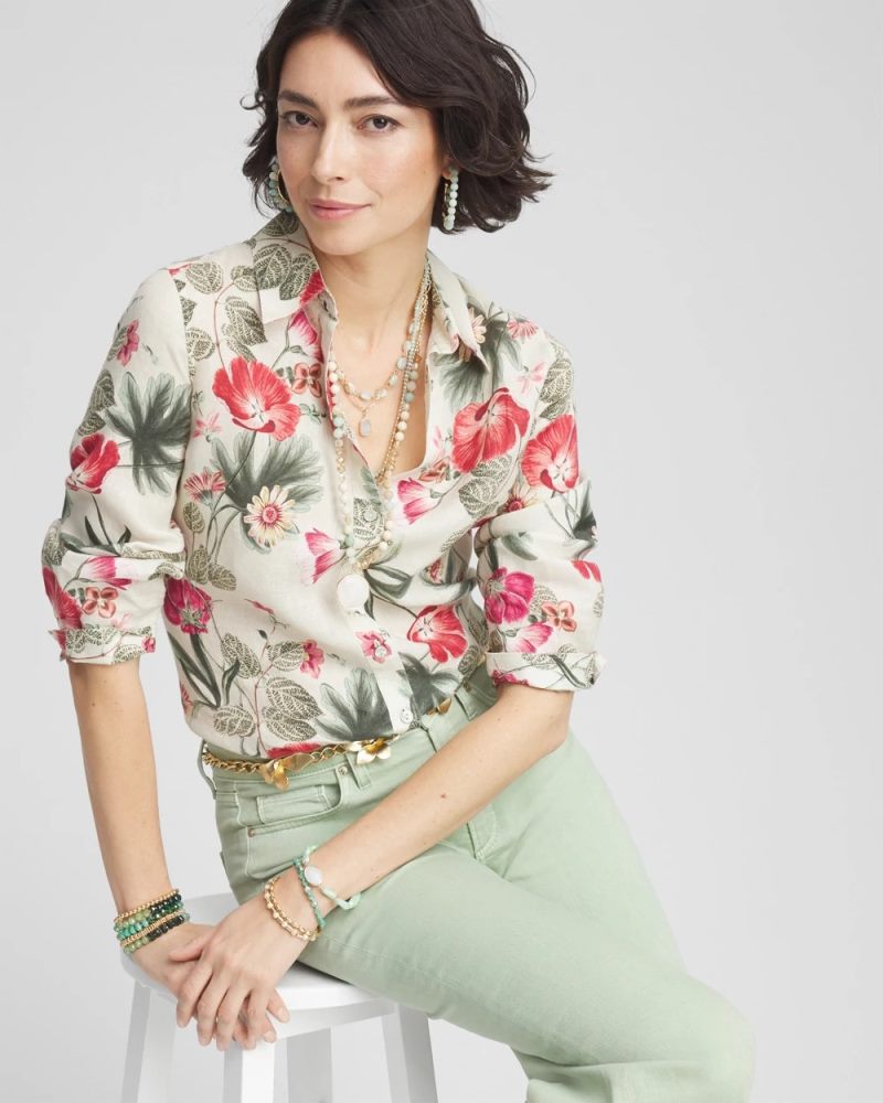 Chicos No Iron Garden Floral Linen Shirt - RIVER ROCK