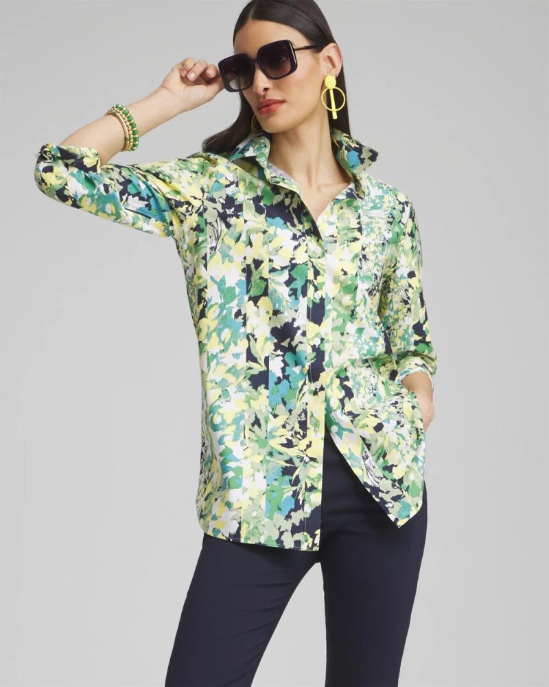 Chicos No Iron Stretch Floral 3/4 Sleeve Tunic - VERDANT GREEN