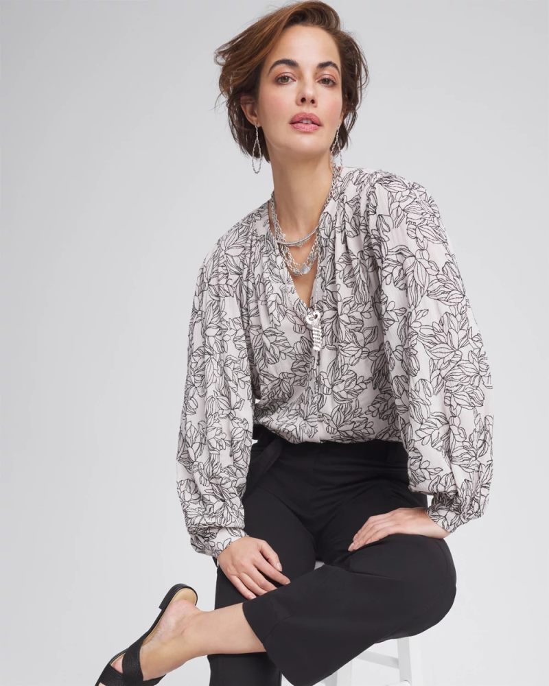 Chicos Crepe Embroidered Blouse - SMOKEY TAUPE