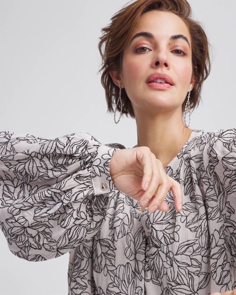 Chicos Crepe Embroidered Blouse - SMOKEY TAUPE