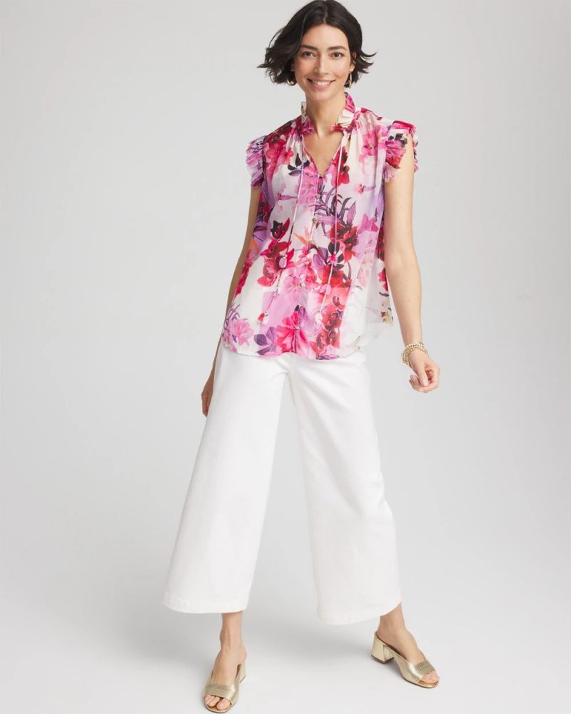 Chicos Floral Ruffle Collar Blouse - PLUM SHADE