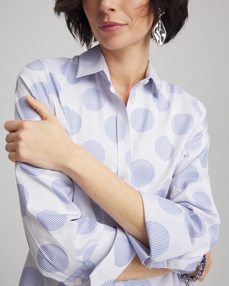 Chicos No Iron Polka-Dot Stretch Sateen Shirt - BLUE PEARL