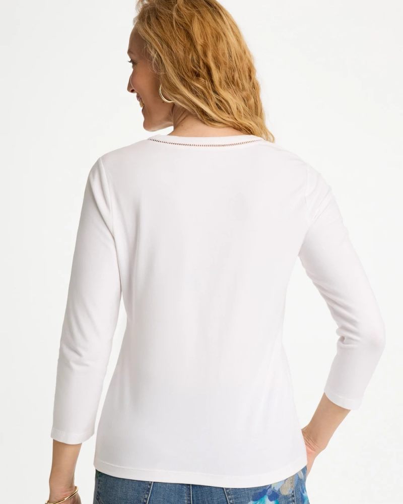 Chicos Trim Detail Cotton Stretch 3/4 Sleeve Tee - ALABASTER