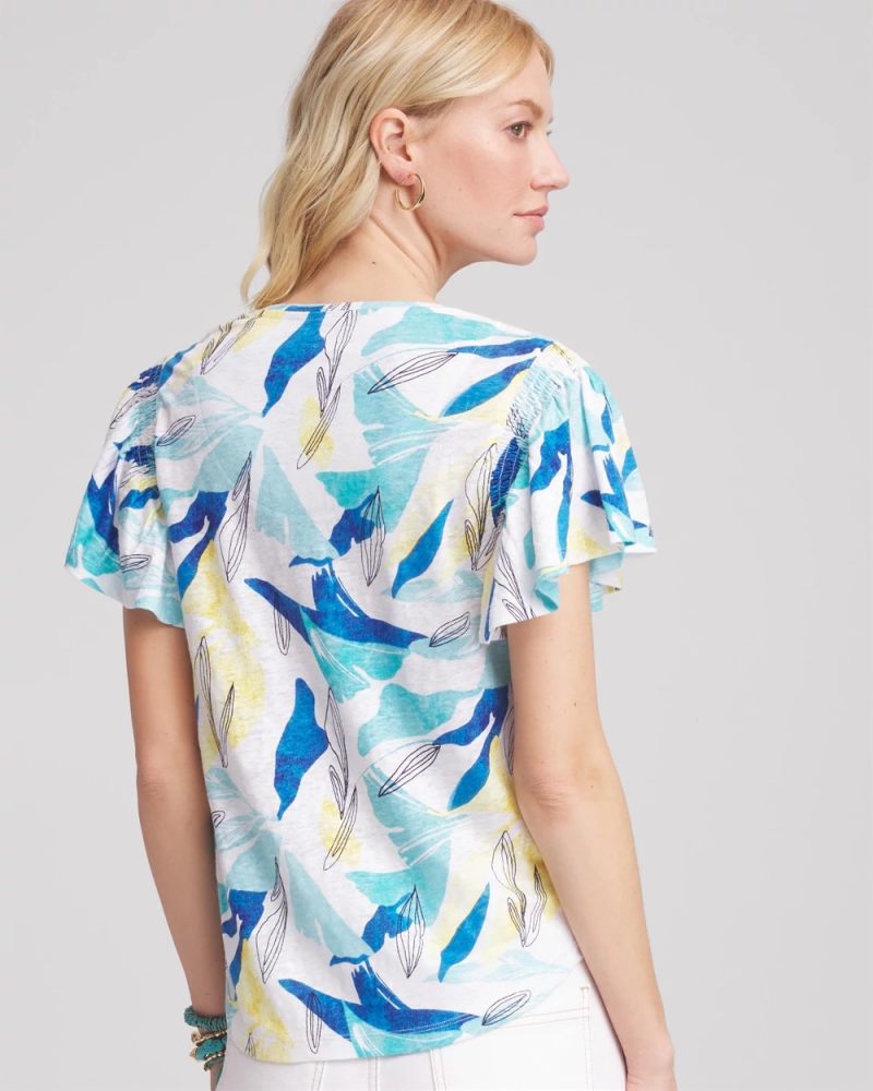 Chicos Linen Smocked Flutter-Sleeved Tee - ALABASTER