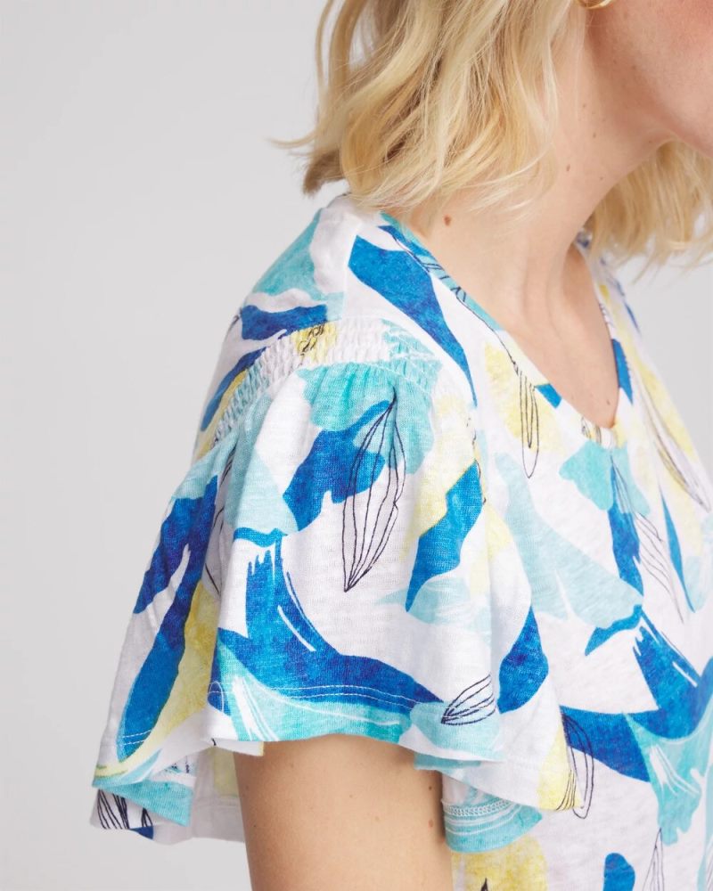 Chicos Linen Smocked Flutter-Sleeved Tee - ALABASTER