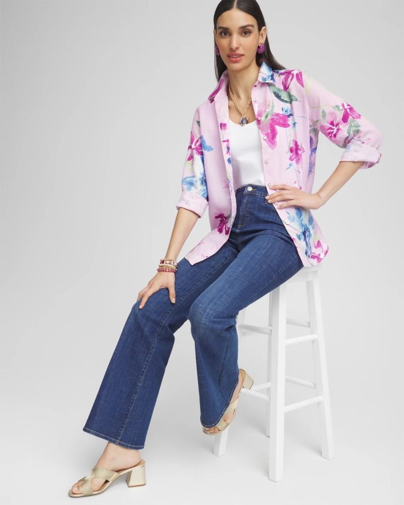 Chicos No Iron Floral Linen Shirt - ORCHID BLOSSOM