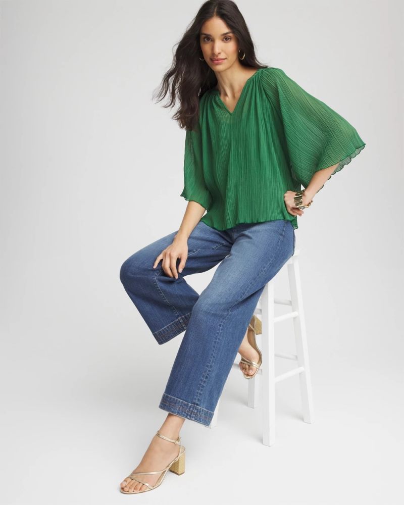 Chicos Textured Pleated Chiffon Blouse - JARDIN GREEN