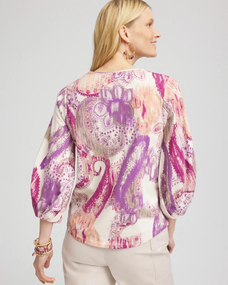 Chicos Paisley V-Neck Tuck-Sleeve Tee - WILD TRUFFLE