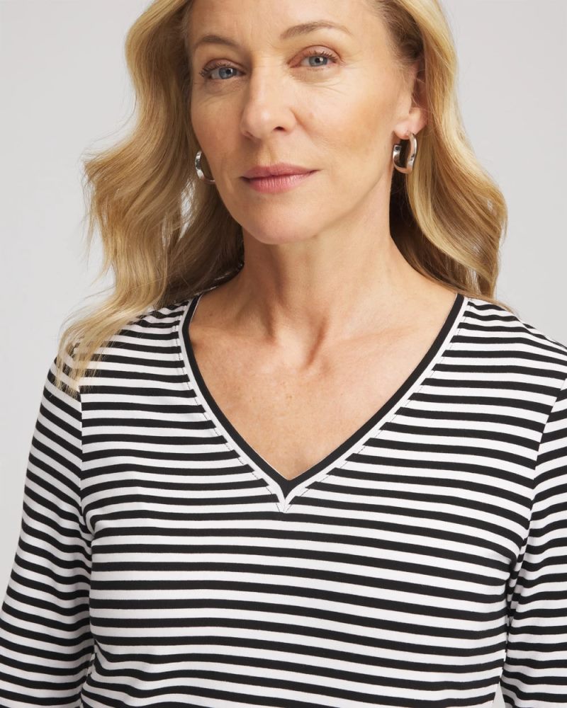 Chicos Striped V-Neck Layering Tee - BLACK