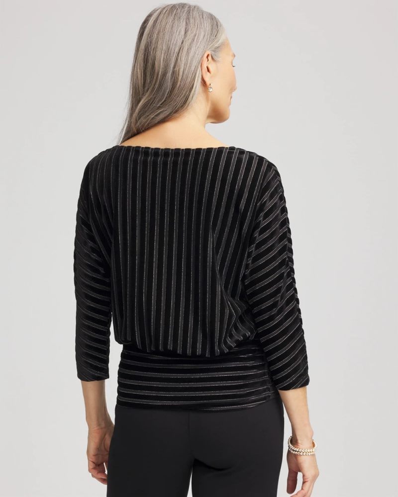 Chicos Velvet Burnout Stripe Banded-Bottom Top - BLACK