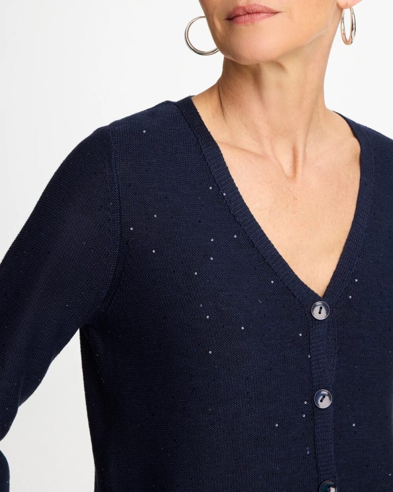 Chicos Stitchy Sequin V-Neck Cardigan - PASSPORT BLUE