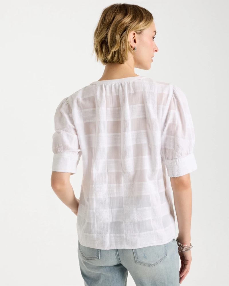 Chicos Cotton Plaid Elbow-Sleeve Shirt - ALABASTER