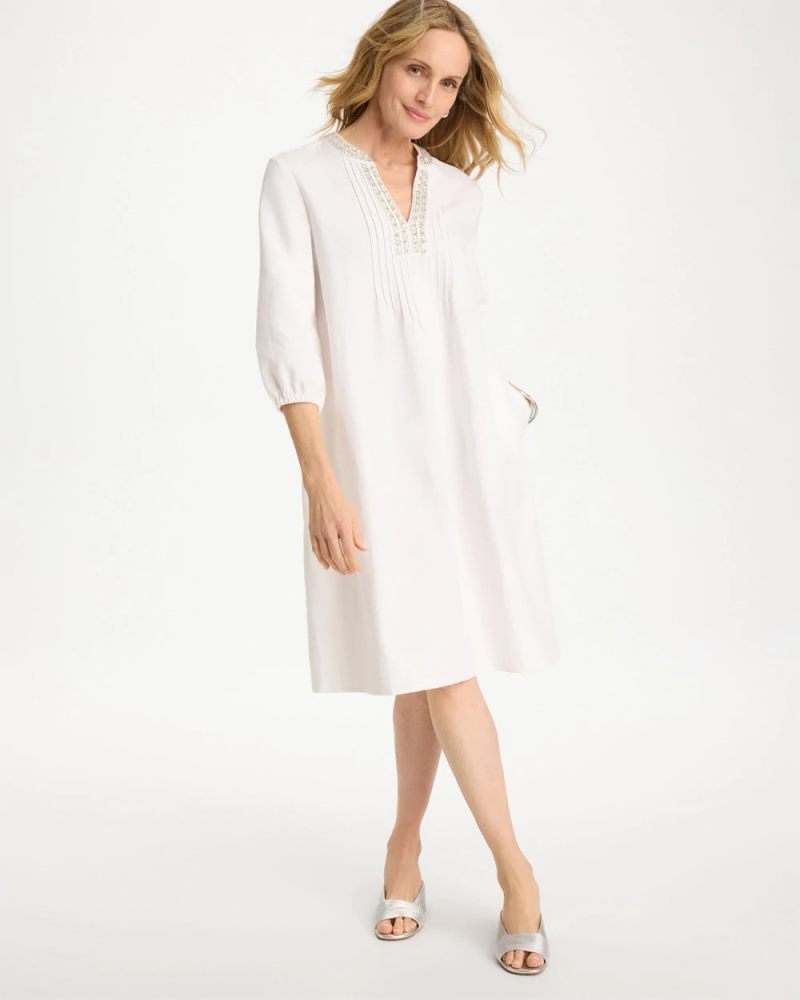 Chicos Embellished Pintuck Dress - ALABASTER