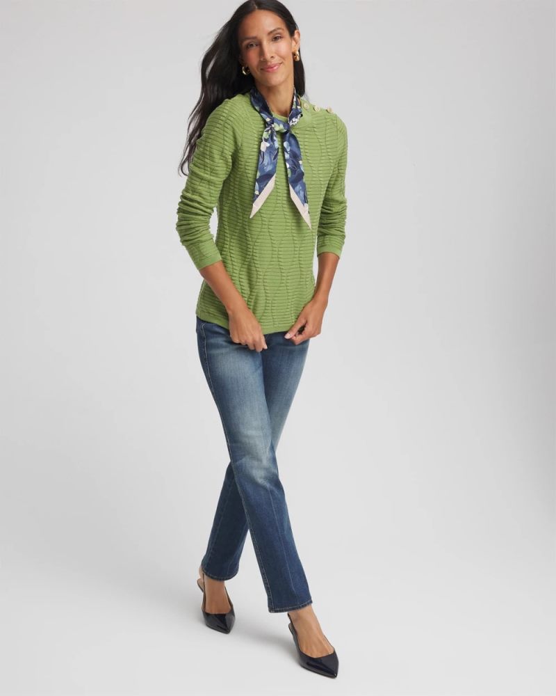 Chicos Button Shoulder Crewneck Pullover - GREEN FIG