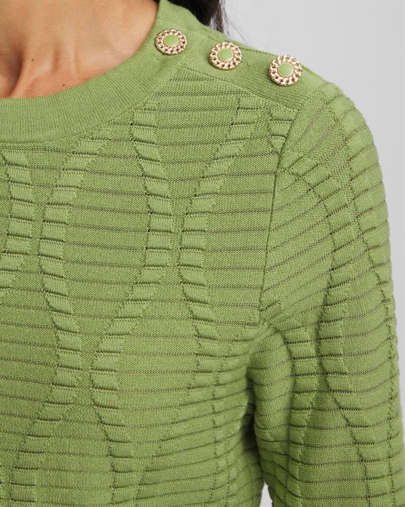 Chicos Button Shoulder Crewneck Pullover - GREEN FIG