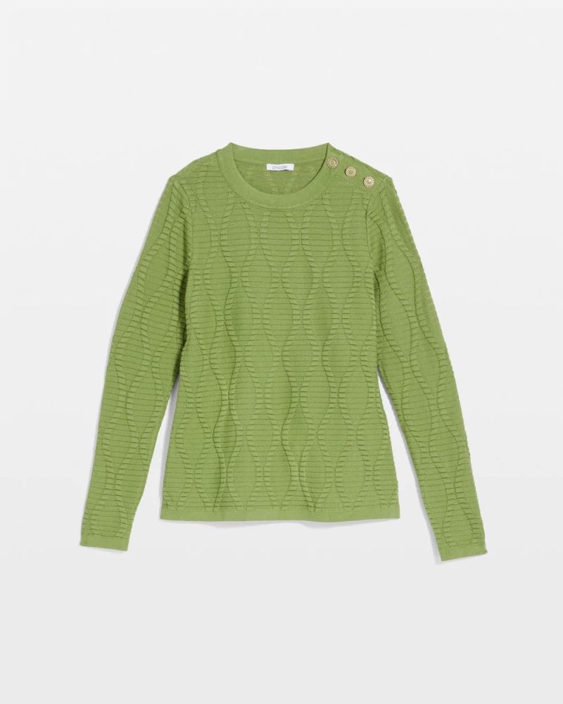 Chicos Button Shoulder Crewneck Pullover - GREEN FIG
