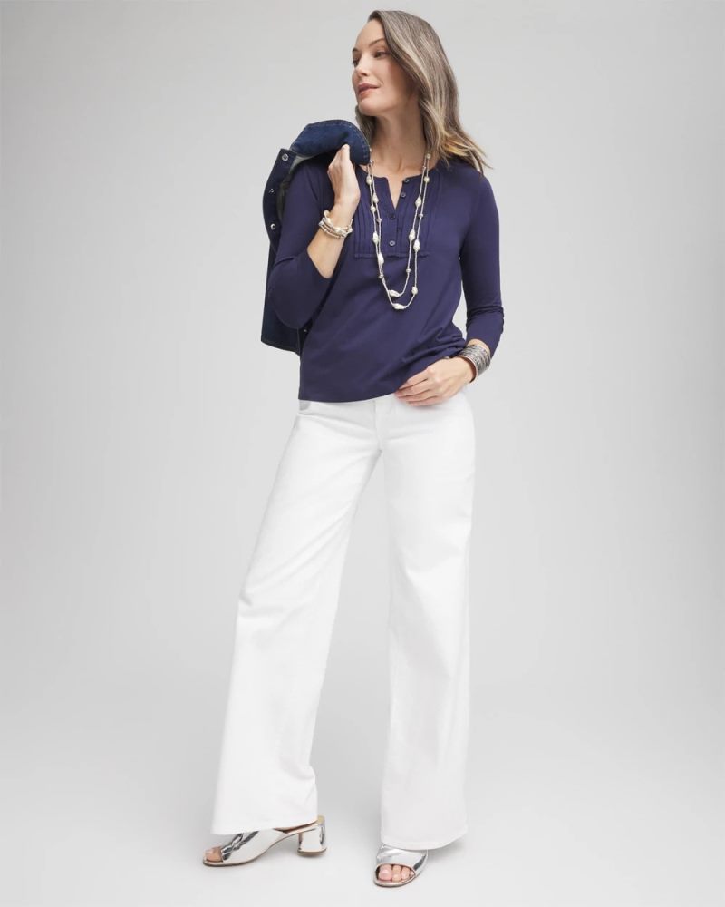 Chicos Pleated Placket Henley Tee - PASSPORT BLUE