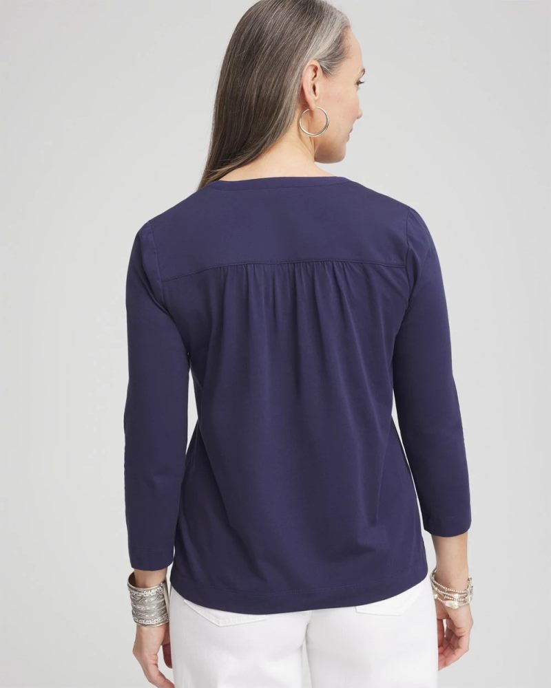 Chicos Pleated Placket Henley Tee - PASSPORT BLUE
