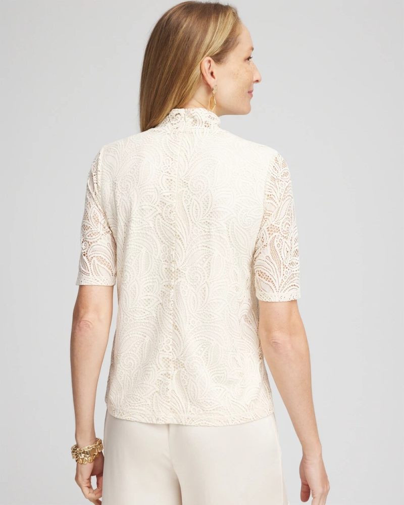 Chicos Lace Mock-Neck Short Sleeve Tee - ENGLISH CREAM