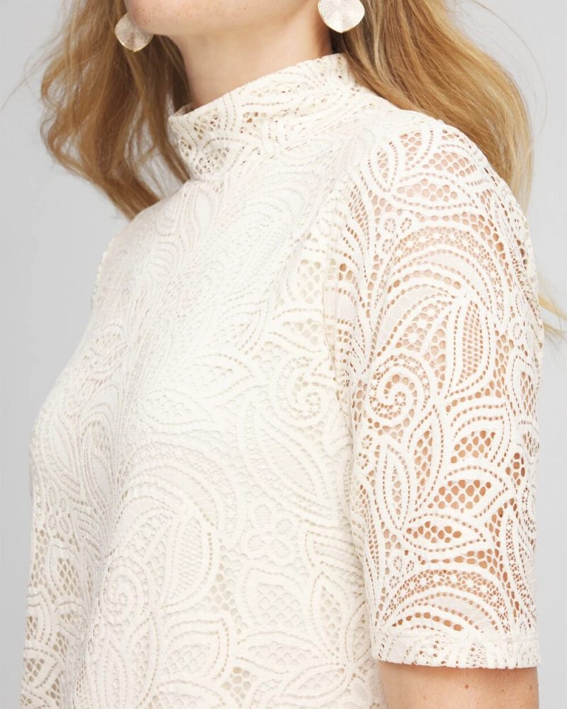 Chicos Lace Mock-Neck Short Sleeve Tee - ENGLISH CREAM