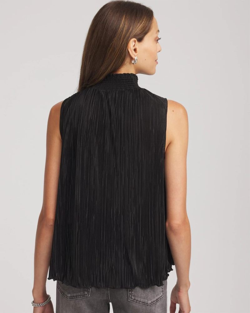 Chicos Pleated Smocked Tie-Neck Top - BLACK