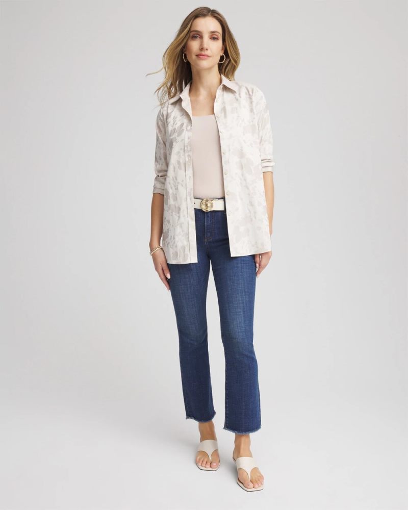 Chicos No Iron Stretch-Sateen Jacquard Shirt - SMOKEY TAUPE