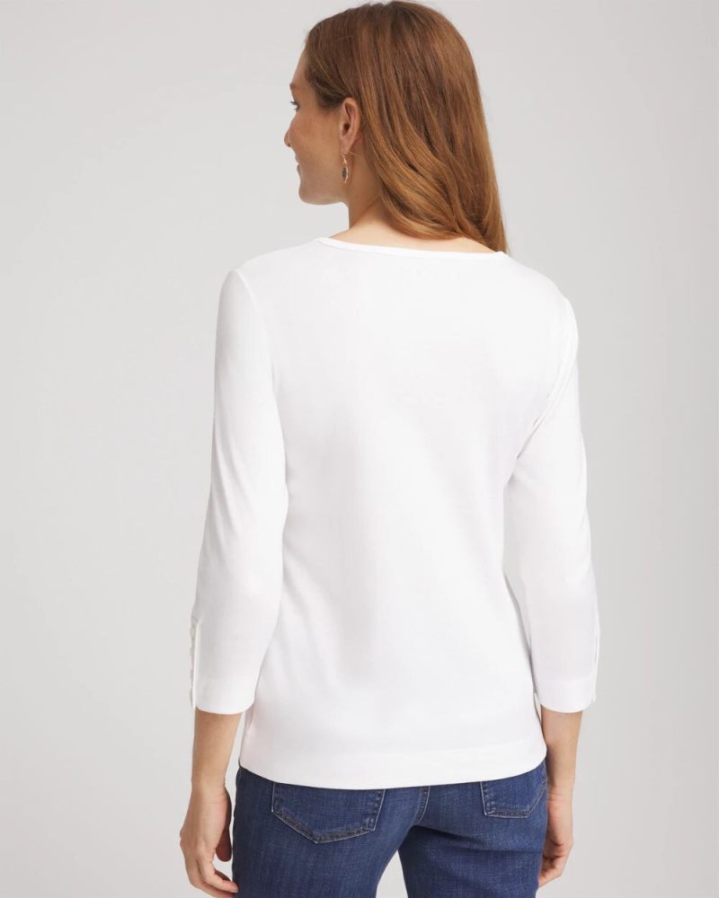 Chicos Pima Cotton Crewneck Button Tee - ALABASTER