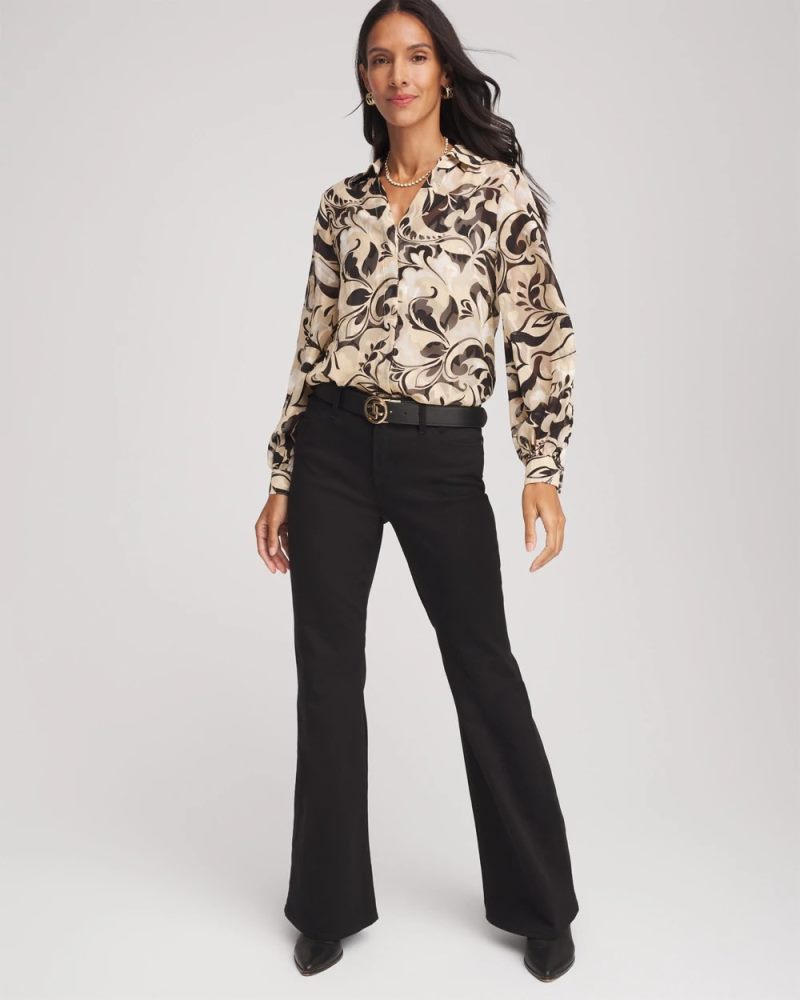 Chicos Floral Burnout Blouson-Sleeve Blouse - BLACK