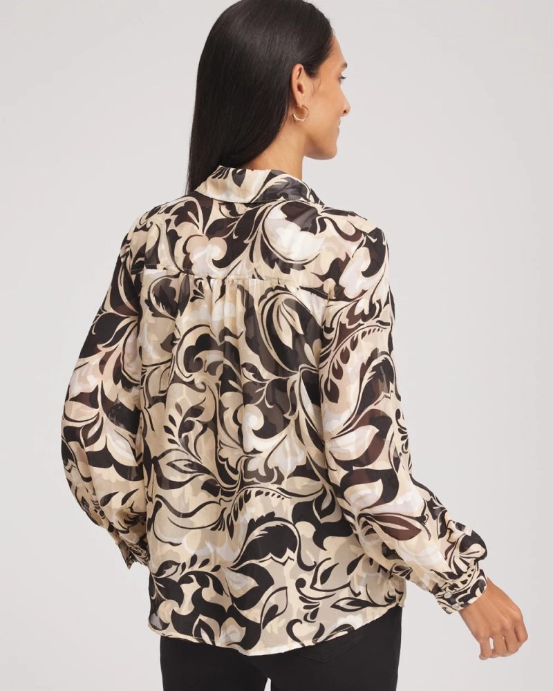 Chicos Floral Burnout Blouson-Sleeve Blouse - BLACK