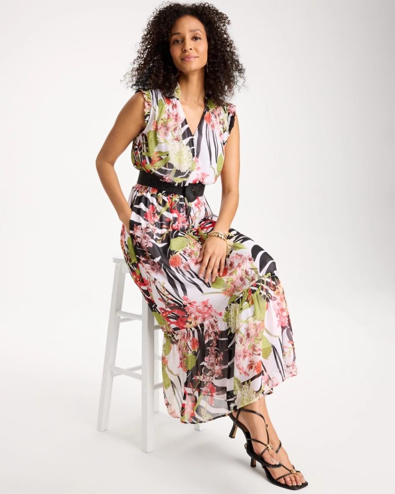 Chicos Crinkle Chiffon Animal Print Dress - BLACK