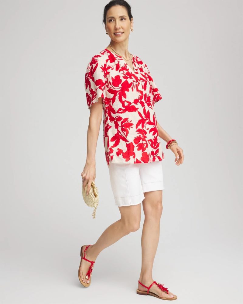 Chicos Floral Linen Popover Shirt - RED GLOW