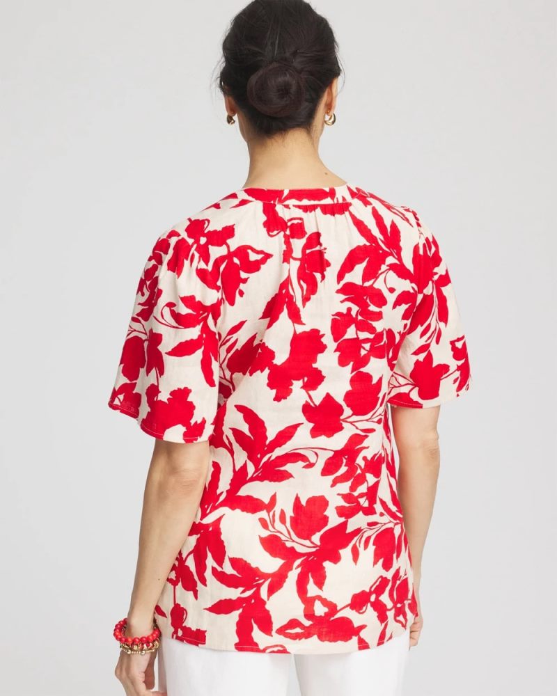 Chicos Floral Linen Popover Shirt - RED GLOW