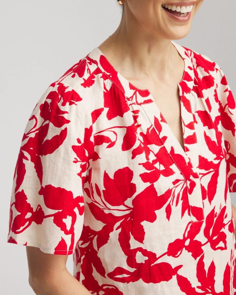 Chicos Floral Linen Popover Shirt - RED GLOW