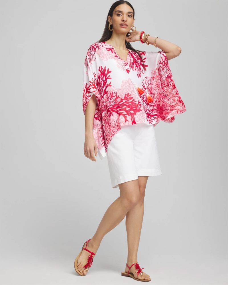 Chicos Coral Reef Motif Poncho - RED GLOW