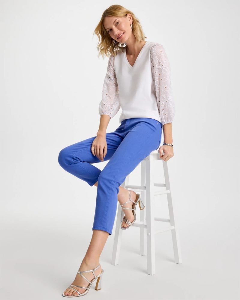 Chicos Floral Eyelet Sleeve Tee - ALABASTER