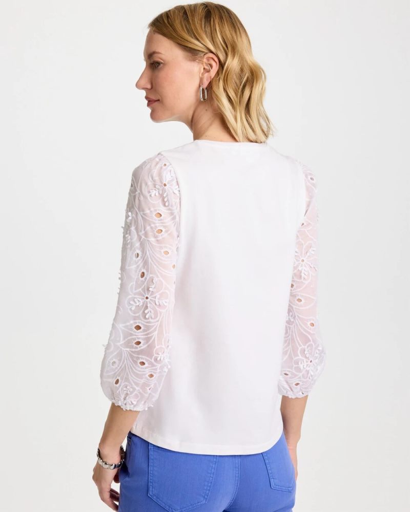 Chicos Floral Eyelet Sleeve Tee - ALABASTER