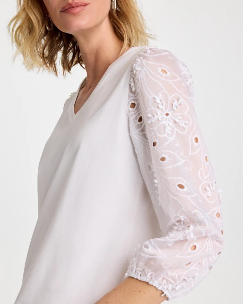 Chicos Floral Eyelet Sleeve Tee - ALABASTER