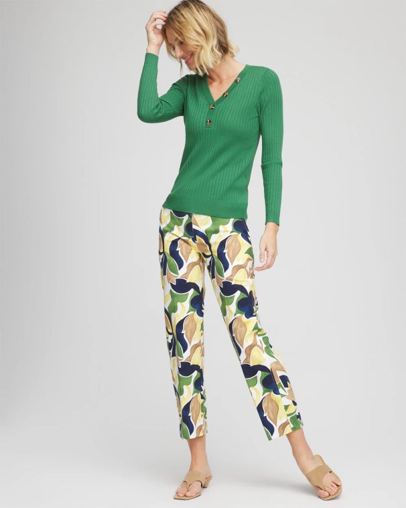 Chicos Ribbed Button Henley Sweater - JARDIN GREEN