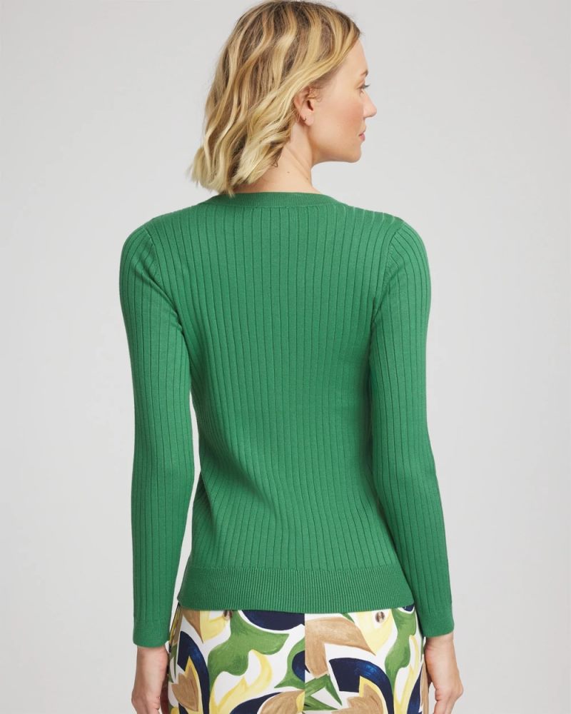 Chicos Ribbed Button Henley Sweater - JARDIN GREEN