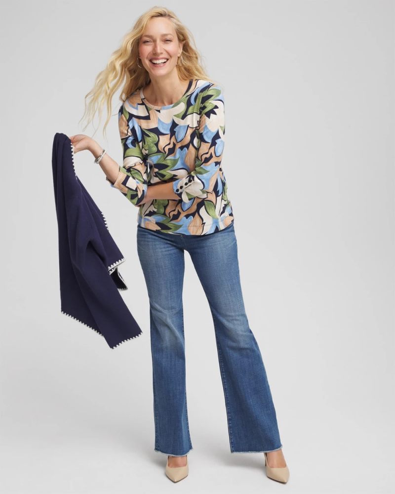 Chicos Mod Blooms Pima Button Tee - PASSPORT BLUE