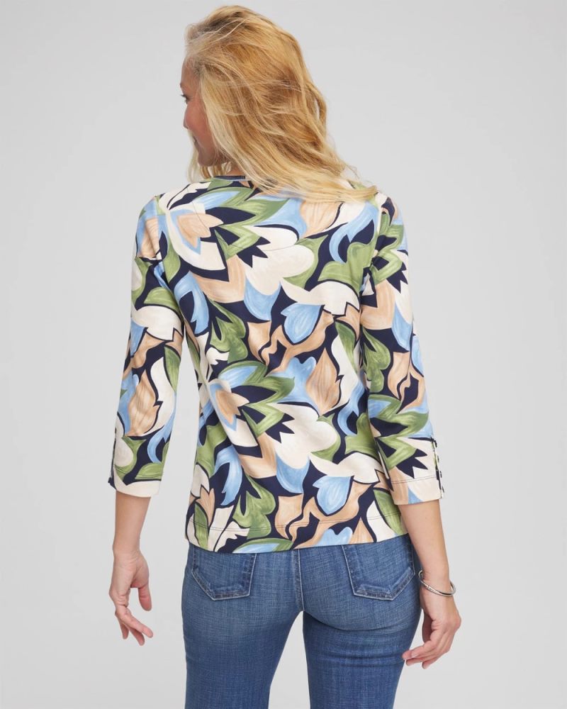 Chicos Mod Blooms Pima Button Tee - PASSPORT BLUE