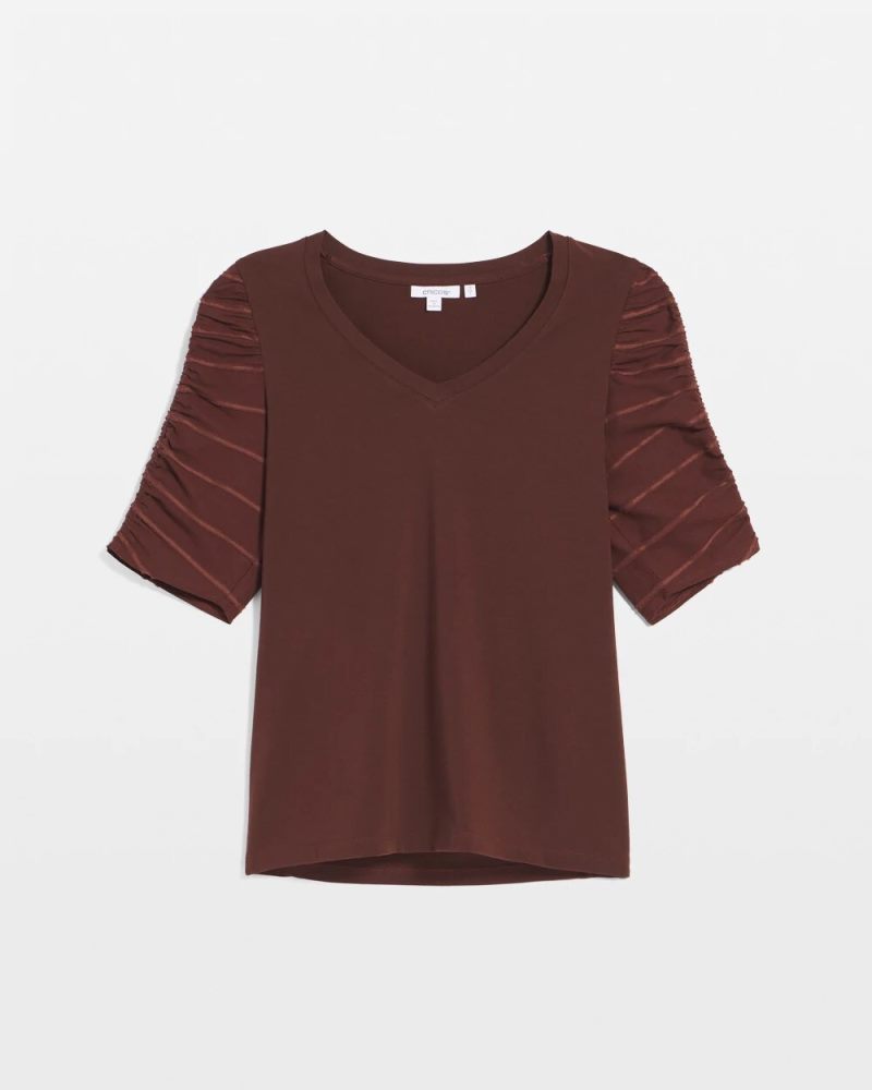 Chicos Ruched Sleeve V-Neck Tee - CACAO