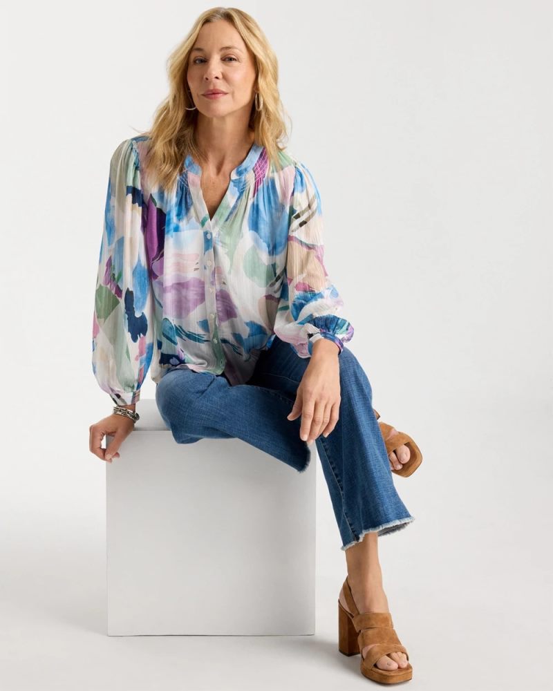Chicos Blur Geo Button Front Blouse - PASSPORT BLUE