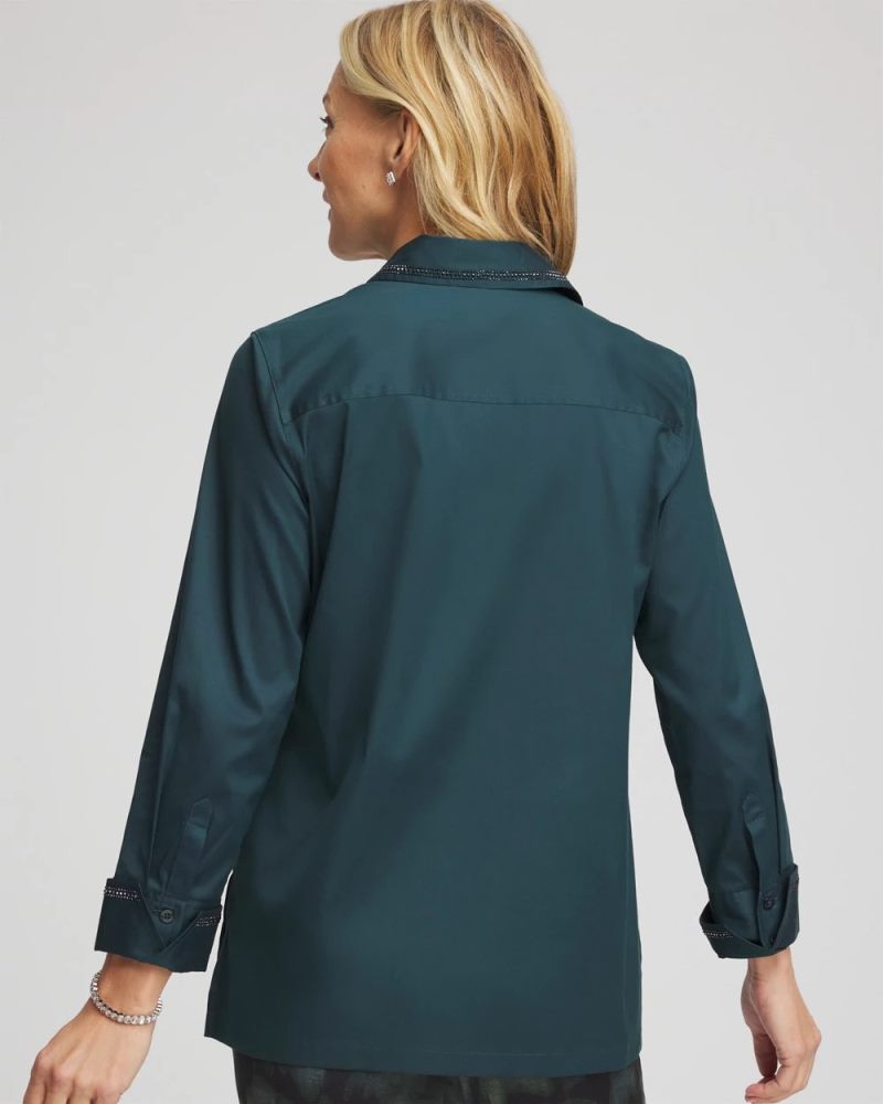 Chicos Rhinestone Embellished Poplin Tunic - TEAL SHADOW