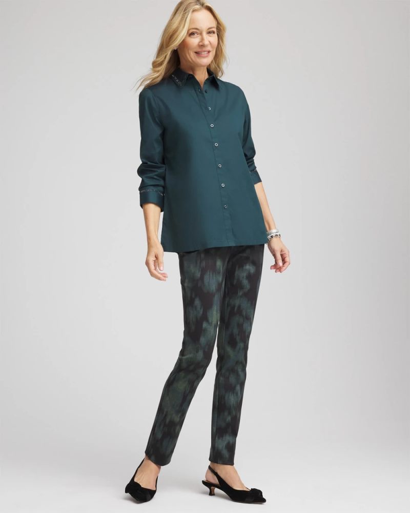 Chicos Rhinestone Embellished Poplin Tunic - TEAL SHADOW