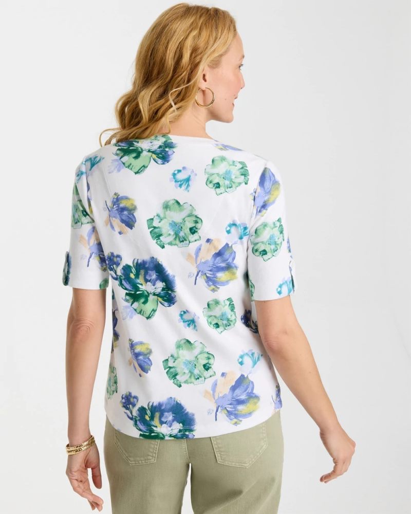 Chicos Printed Cotton Slub V-Neck Tee - PASSPORT BLUE