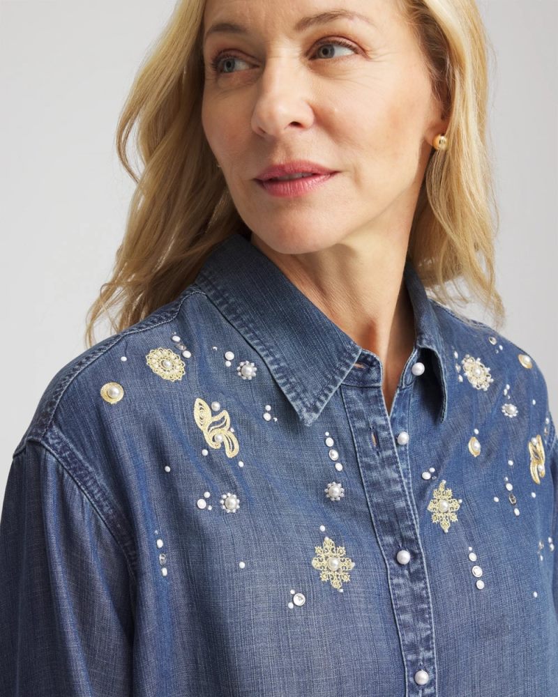 Chicos Embellished Tencel Collar Shirt - KIRUNA INDIGO