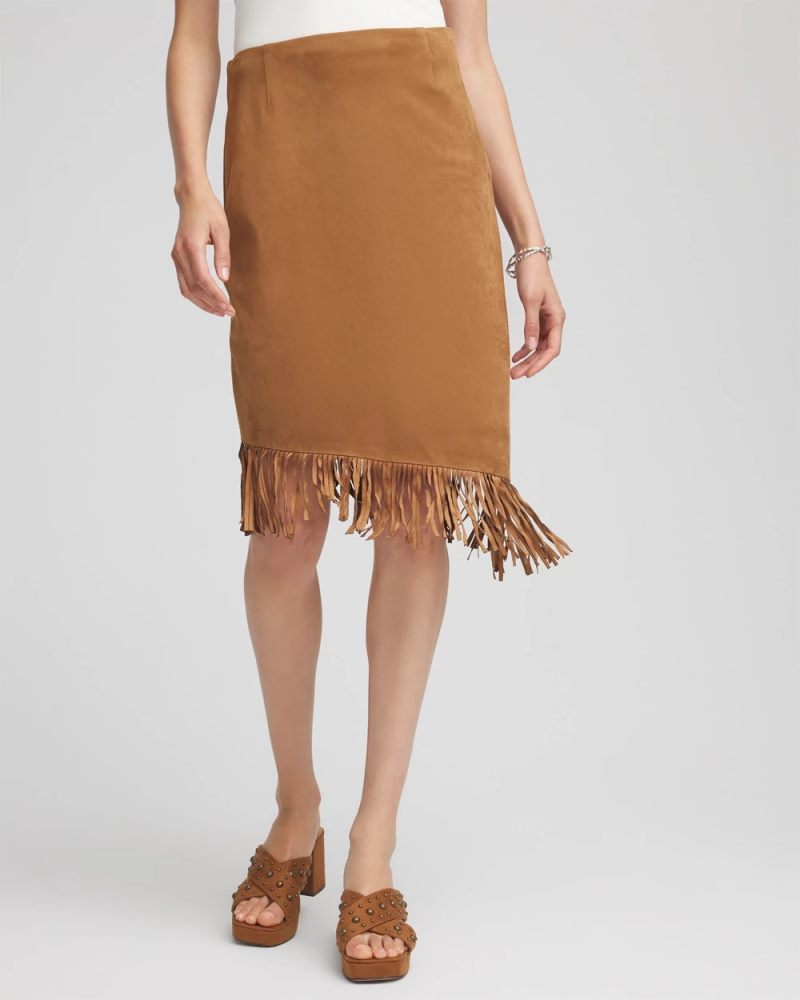 Chicos Suede Fringed Asymmetrical Skirt - BURNT SIENNA
