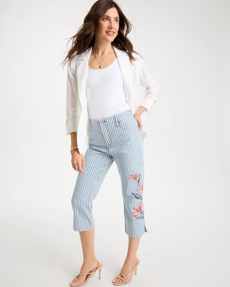Chicos Girlfriend Slim Striped Capri Jeans - BLUE STRIPE