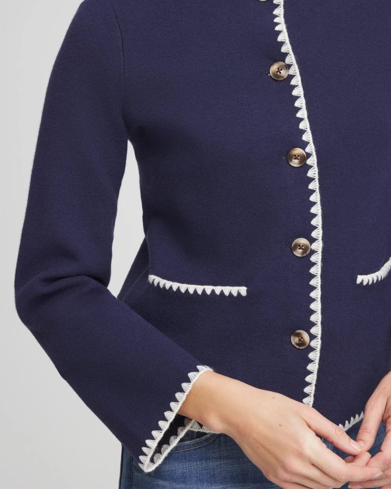 Chicos Blanket Stitch Crewneck Cardigan - PASSPORT BLUE